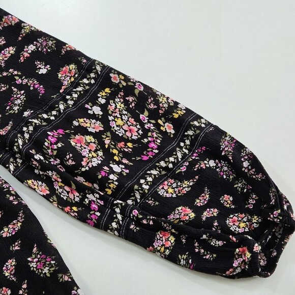 Old Navy Top Women M Black Floral Paisley Puff Sleeves Tassels Boho Whimsigoth - Picture 12 of 16